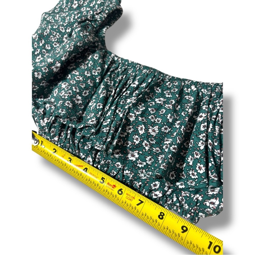 Indigo Child Teal and White Ditsy Floral Print Ruffled Off Shoulder Crop Top - Picture 12 of 16